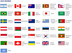 Flags from all the countries participating the The Global Digital Health Partnership