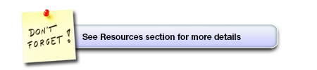 Reminder icon with a text: Dont forget! See Resources section for more details