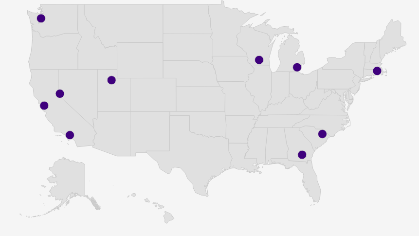 A map of the United States that shows with markers the locations of the grantees for the Community Interoperability and Health Information Exchange Cooperative Agreement Program. Grantees are located in Los Angeles, California; San Leandro, California; Douglas, Georgia; Florence, South Carolina; Carson City, Nevada; Bremerton, Washington; Providence, Rhode Island; Salt Lake City, Utah; Madison, Wisconsin; Ypsilanti, Michigan.