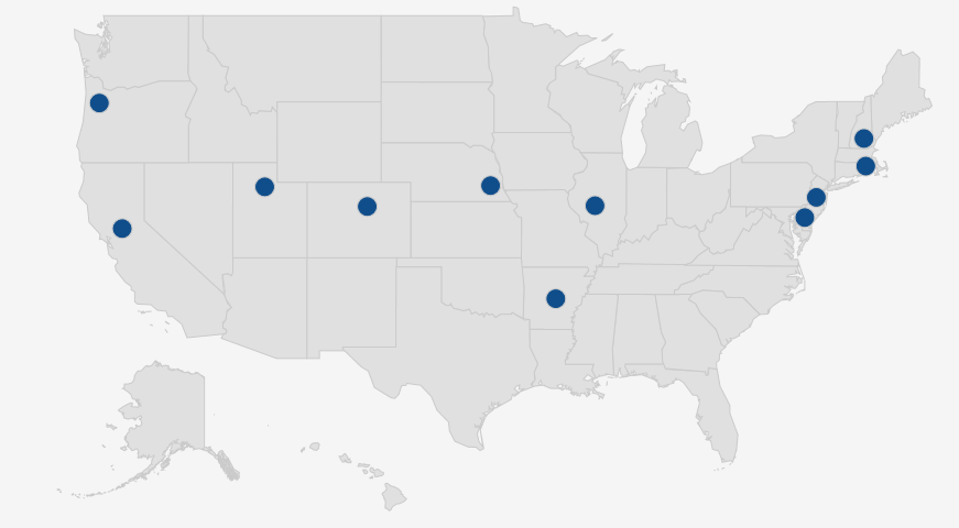 A map of the United States that shows with markers the locations of the grantees for the Advance Interoperable Health Information Technology Services to Support Health Information Exchange program. Grantees are located in Little Rock, Arkansas; Sacramento, California; Dover, Delaware; Denver, Colorado; Springfield, Illinois; Lincoln, Nebraska; Concord, New Hampshire; Trenton, New Jersey; Salem, Oregon; Providence, Rhode Island; Salt Lake City, Utah; Columbia, South Carolina.