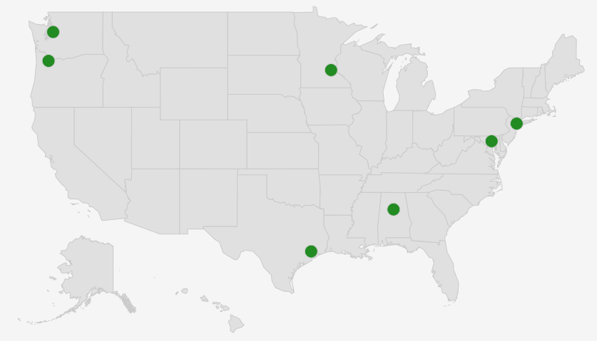 A map of the United States that shows with markers the locations of the grantees for the Workforce Development Program. Grantees are located in Bellevue, Washington; New York City, New York; Baltimore, Maryland; Bloomington, Minnesota; Portland, Oregon; Birmingham, Alabama; Houston, Texas.